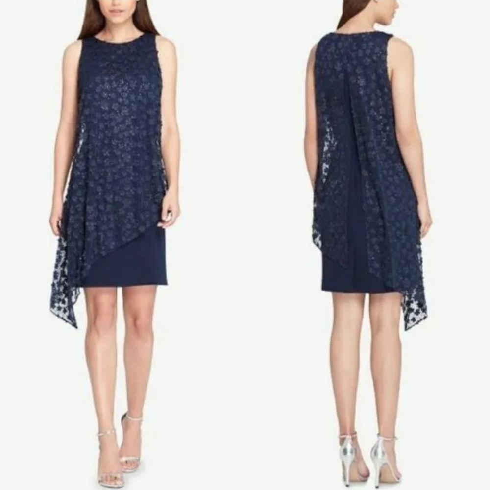 Tahari ASL Assymetrical Appliqué Floral Dress